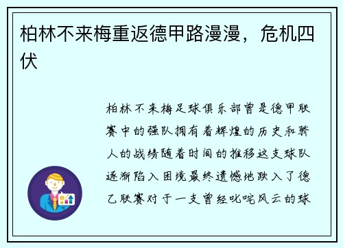 柏林不来梅重返德甲路漫漫，危机四伏